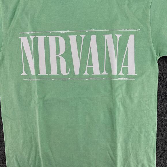 Nirvana Band T-Shirt Mint Green Smiley Face Distressed Screen Print New Small - Picture 5 of 6